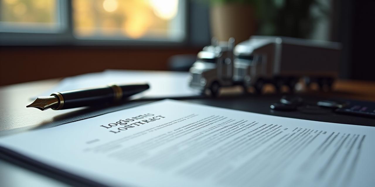 Close up of a signed logistics contract on a wooden desk with a model truck